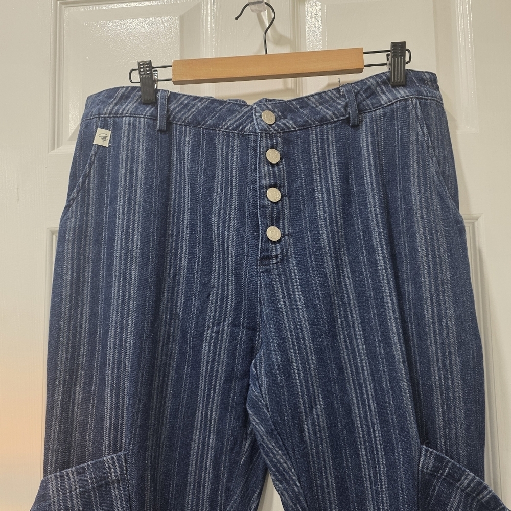Jaded Gypsy Spiral Cluster Denim Pinstripe Cargo Pants Boho L/XL - Picture 4 of 15